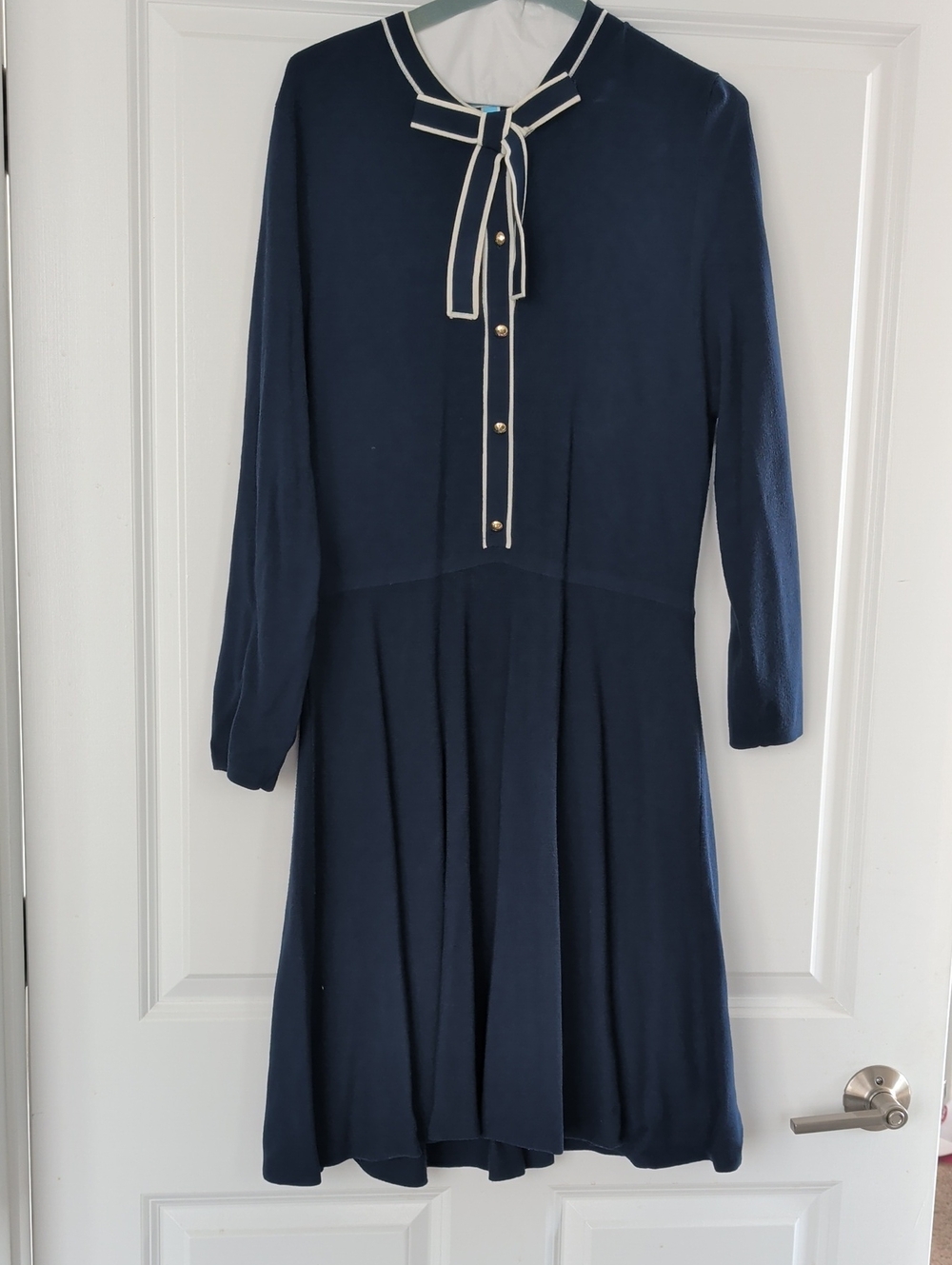 Draper James Navy Long-Sleeve Bow-Neck Dress with White Trim